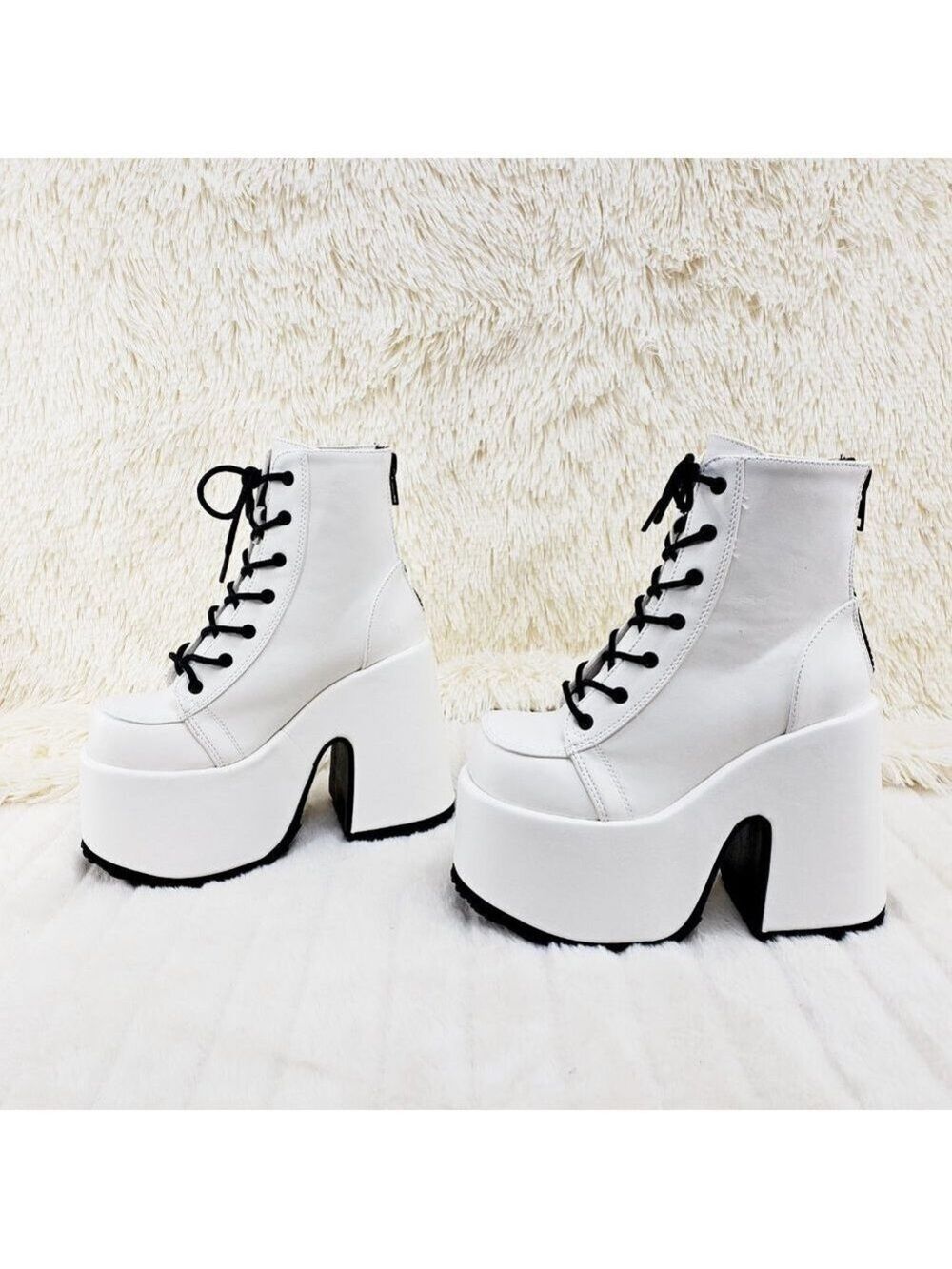 White Matte Chunky Platform Goth Punk Ankle Boots Camel - Picture 11 of 14